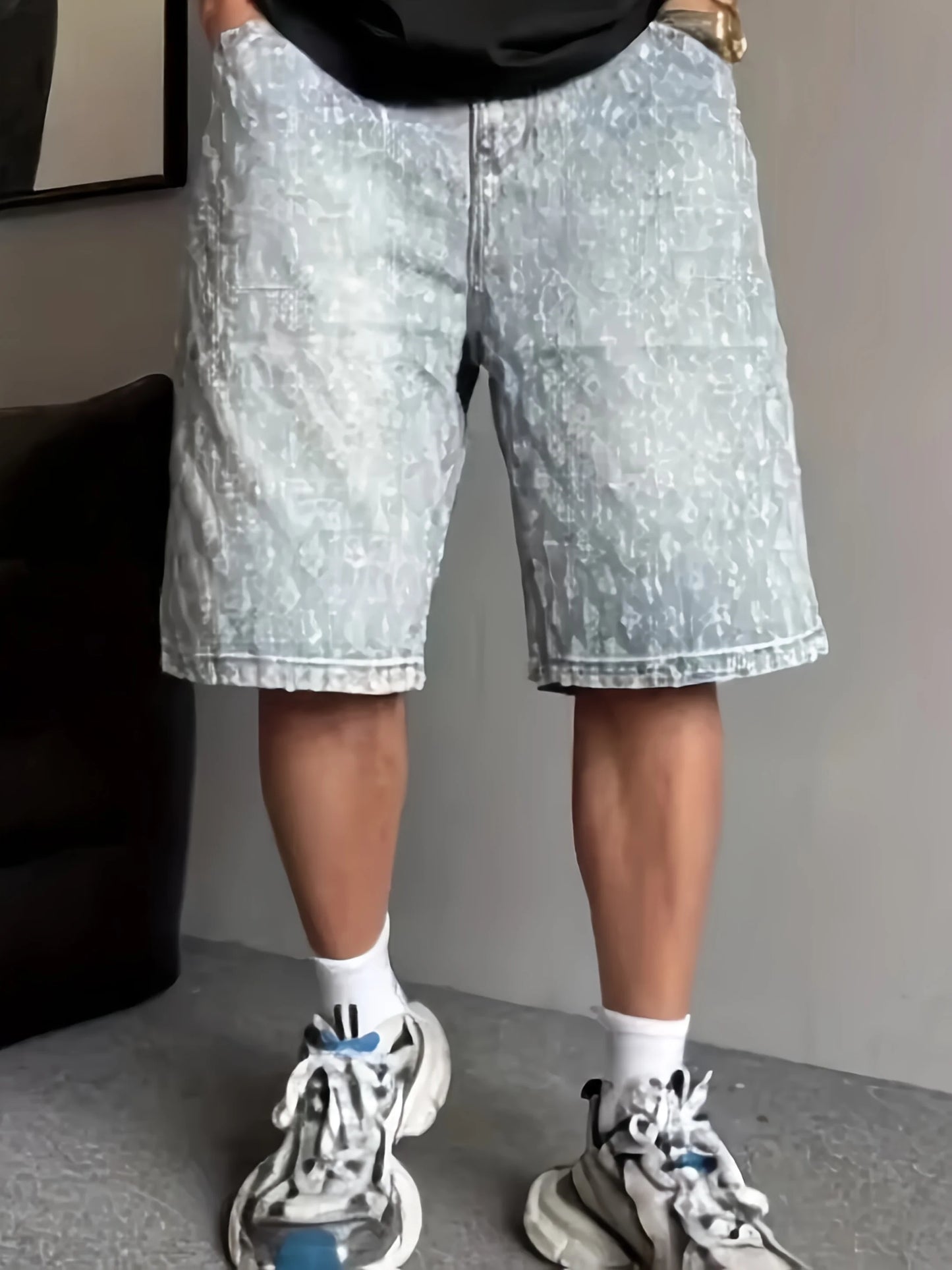 High Street Trendy Ripped Denim Shorts for Men, Plus Size, American Style, Loose Straight-Leg Washed Denim Shorts for Summer