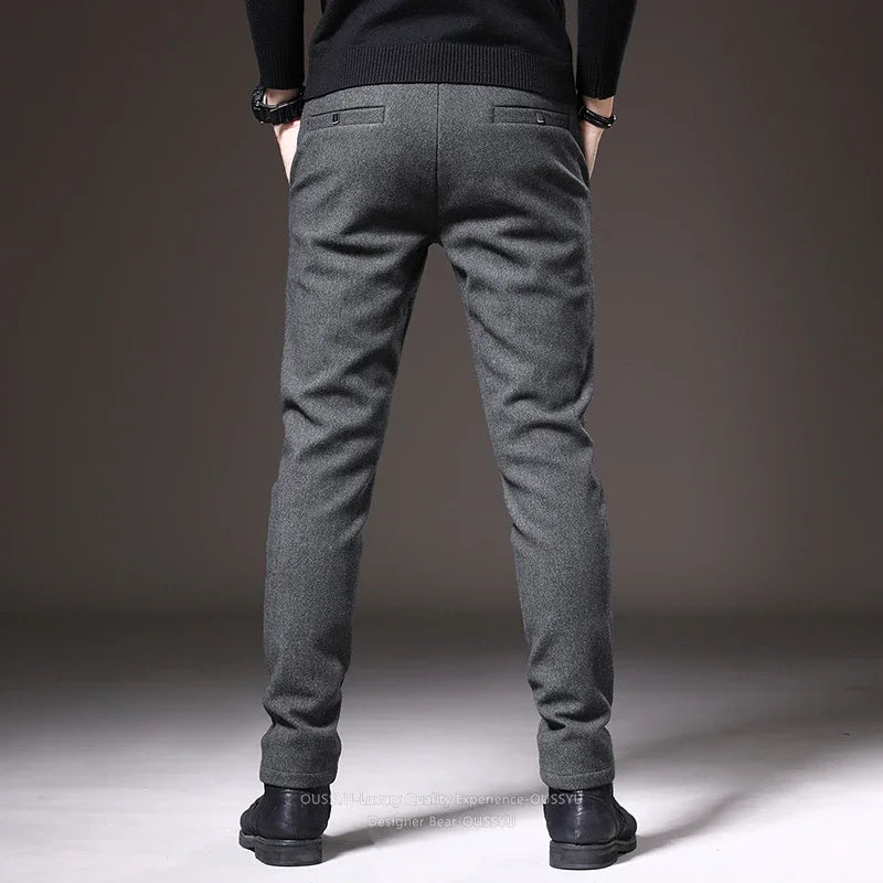 Good Quality Autumn Casual Pants Men Business Slim Elastic Waist Stretch Work Brushed Fabric Blue Trousers Male Brand Clothes