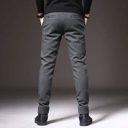 Good Quality Autumn Casual Pants Men Business Slim Elastic Waist Stretch Work Brushed Fabric Blue Trousers Male Brand Clothes