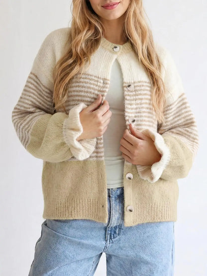 Womens Fall Striped Loose Cardigan Sweaters Ruffle Sleeve Button Up Color Block Sweater Coats