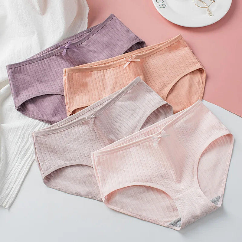 7Pcs/Set Women Cotton Ribbed Panties Mid-Rise Briefs with Bow Detail Comfort Breathable Underwear Sexy Lingerie Intimates M-XL