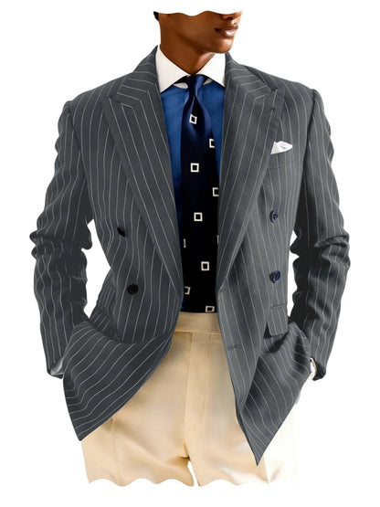 Men's Pinstripe Double Breasted Blazer Classic Peak Lapel Slim Fit Striped Suit Jacket For Party Prom Business Formal Coats