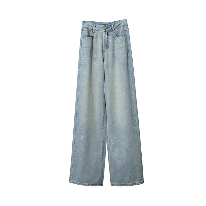 Amii Women's Jeans 2026 Summer New Casual Cotton Wide Leg Pants Silver Foil Print Versatile Loose Fit Denim Trousers 12652046