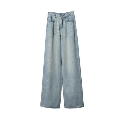 Amii Women's Jeans 2026 Summer New Casual Cotton Wide Leg Pants Silver Foil Print Versatile Loose Fit Denim Trousers 12652046