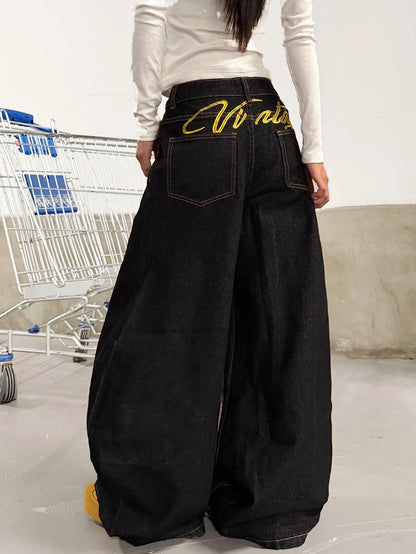 American Retro Star and Letter Embroidery Black Baggy Cocoon Pants Women
