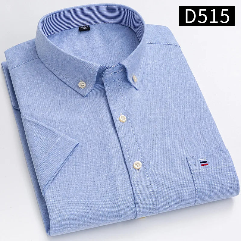 New Men's Social Shirt Short Sleeve 100% Pure Cotton Oxford Soft Buttoned Plaid Formal Male Clothes Pocket Social Shirt S-7XL