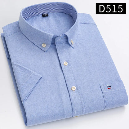New Men's Social Shirt Short Sleeve 100% Pure Cotton Oxford Soft Buttoned Plaid Formal Male Clothes Pocket Social Shirt S-7XL