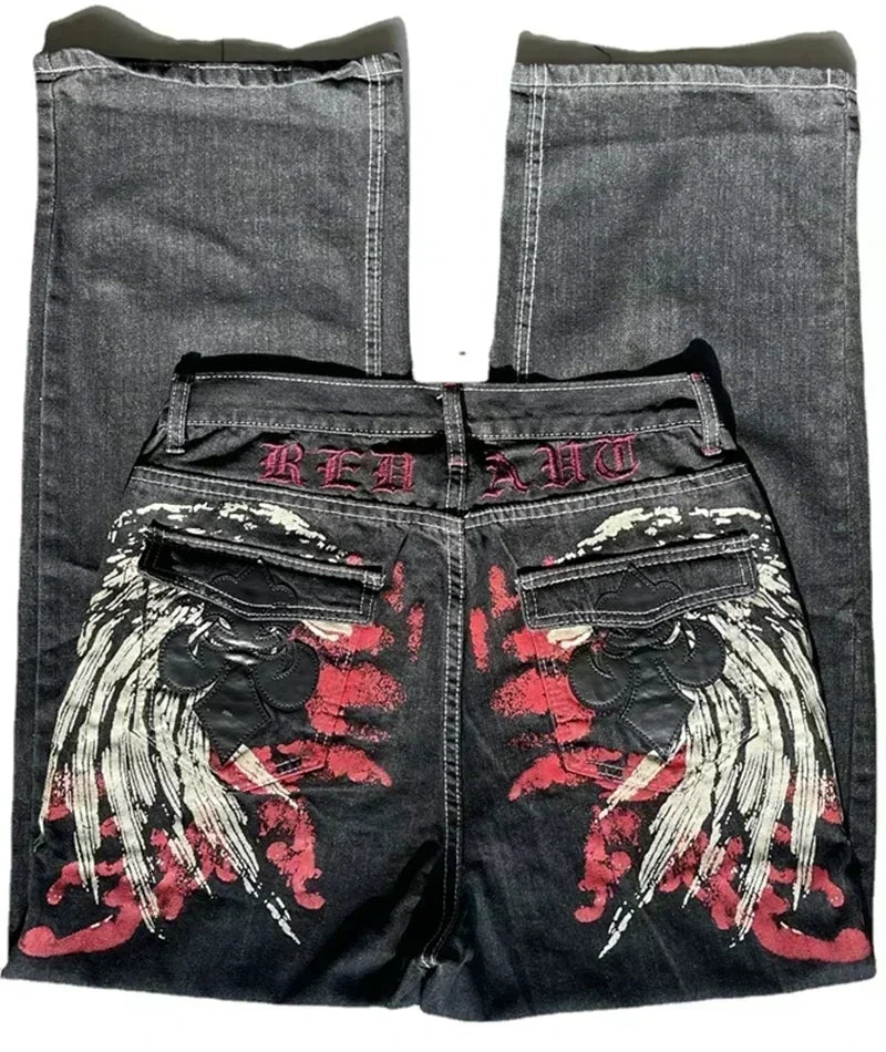 Street Fashion Trend Skull Embroidered Jeans Women Straight Wide-leg Pants Couple Casual Jeans