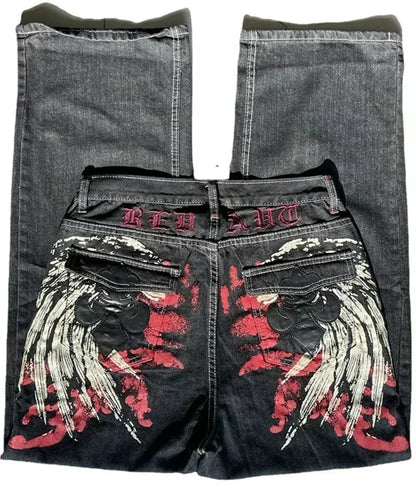 Street Fashion Trend Skull Embroidered Jeans Women Straight Wide-leg Pants Couple Casual Jeans