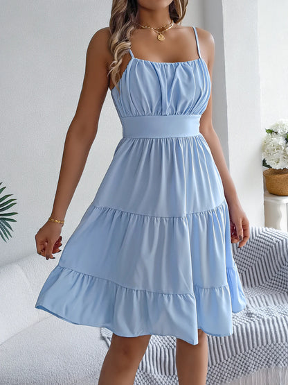 Casual Vacation Ruffled Camisole Dress Spring Summer Women's Solid Dresses for 2026 Valentine's Day Woman Clothing Pink Blue