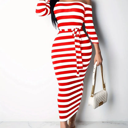New 2024 Casual Women Dress Summer Striped Bodycon Midi Dresses Slash Neck Lace Up Three Quarter Pencil Dresses