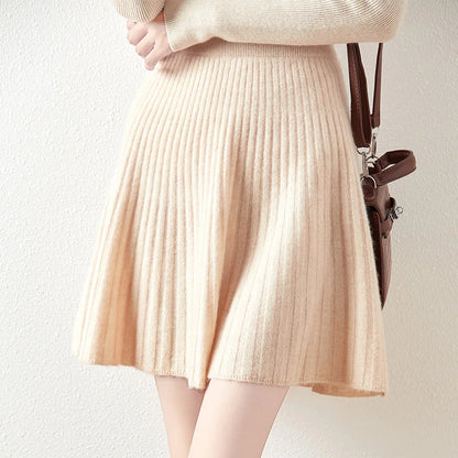 Women's Wave Short Skirt 100% Merino Wool Mini Skirts Autumn Winter Sweater Umbrella Skirt High Waist Stretch Sweet Knit Dresses