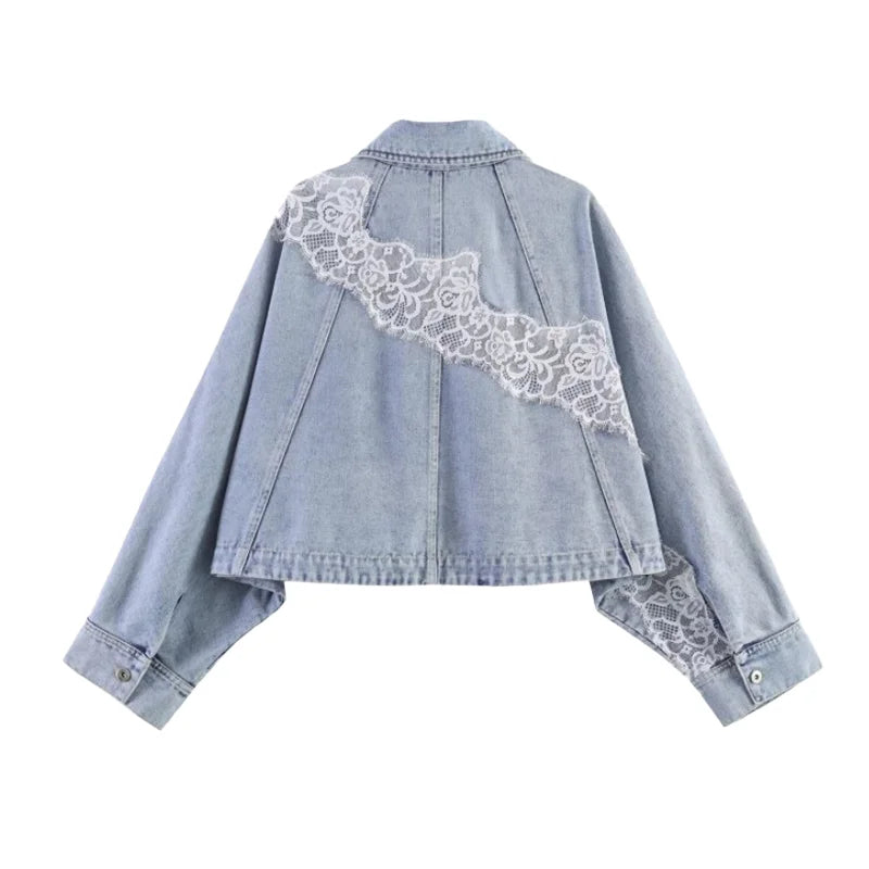 Women Spring Lace Patchwork Denim Jacket Lapel Collar Single Breasted Long Sleeve Loose Cropped Jean Coat Casual Fashion