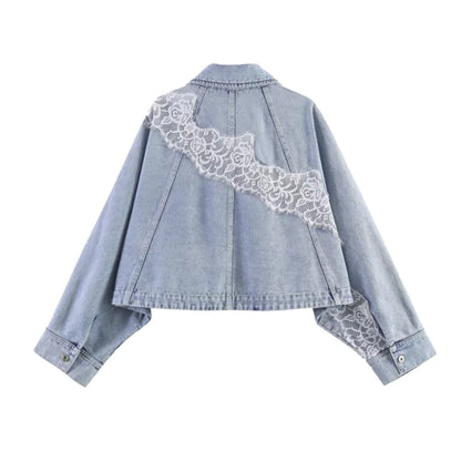 Women Spring Lace Patchwork Denim Jacket Lapel Collar Single Breasted Long Sleeve Loose Cropped Jean Coat Casual Fashion