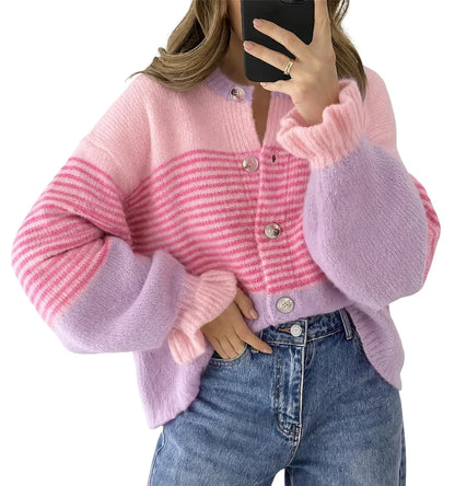 Womens Fall Striped Loose Cardigan Sweaters Ruffle Sleeve Button Up Color Block Sweater Coats