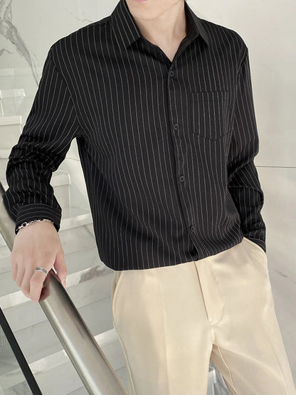 Spring and autumn high-end black striped shirt for men, long sleeve business casual daily commuting shirt.