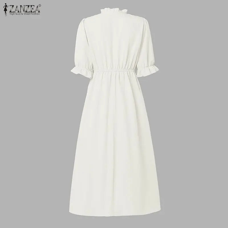 Summer Ruffled Dress ZANZEA Stylish Women Bohemain Short Sleeve Holiday Sundress Elastic Waist Casual Work Dresses A Line Robe