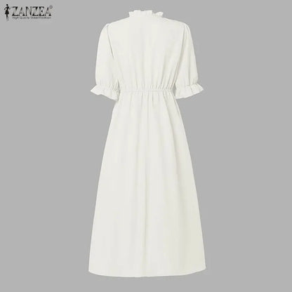 Summer Ruffled Dress ZANZEA Stylish Women Bohemain Short Sleeve Holiday Sundress Elastic Waist Casual Work Dresses A Line Robe