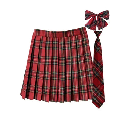Women Summer Plaid Pleated Skirt With Necktie Bowtie Korean Jk Skirt Uniform Japanese School Preppy A Line Mini Skirts