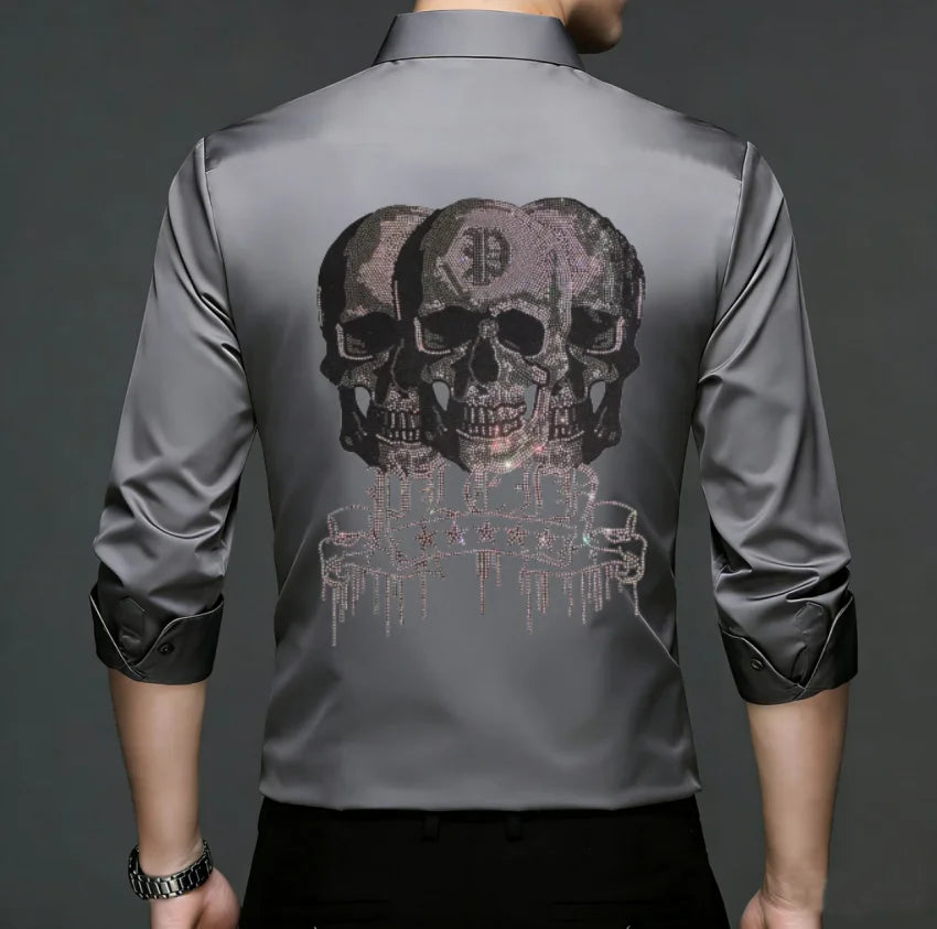 2026 Spring Autumn Luxury Men Streetwear Shirt Shiny Rhinestone Design Loose Natural Silk Casual Long Sleeve Shirt