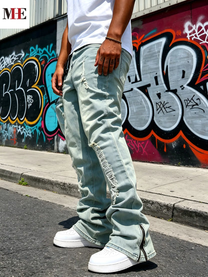HME Men's Flared Denim Pants, Light Blue Vintage Jeans with Rips & Zipper Hem for Casual Style