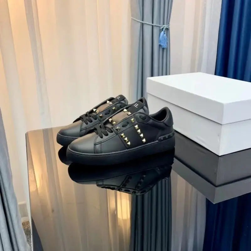 Casual Versatile Leather Sneakers Unisex Trendy Rivet Decorated Sport Shoes Breathable Comfortable Massage Function for Couples