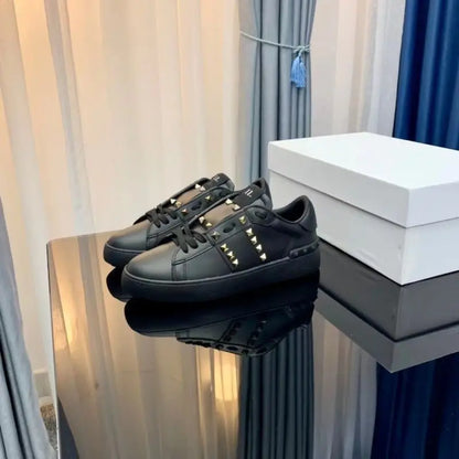 Casual Versatile Leather Sneakers Unisex Trendy Rivet Decorated Sport Shoes Breathable Comfortable Massage Function for Couples
