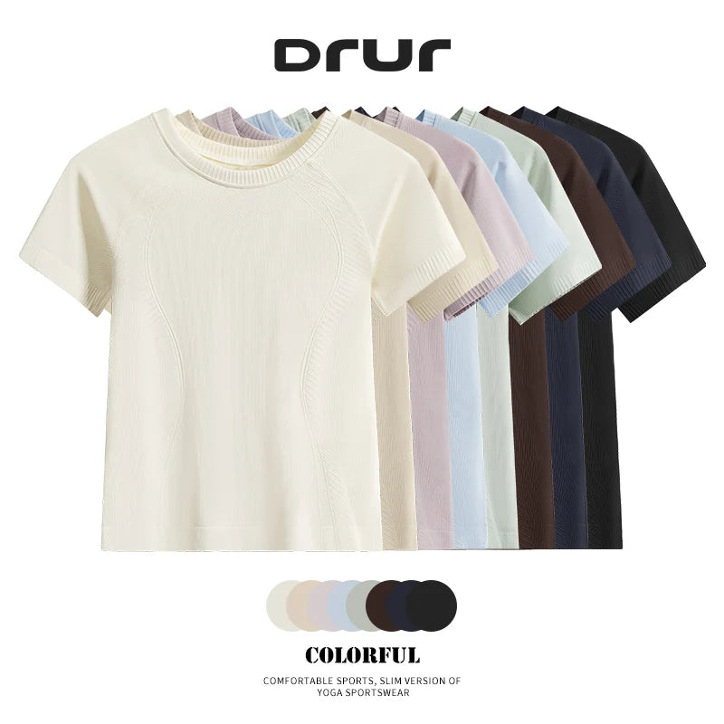 DRUR Women Seamless Yoga T-Shirt Short Sleeve Workout Tops Fitness Gym Sportswear Summer Breathable Running Shirt Golf Crew neck