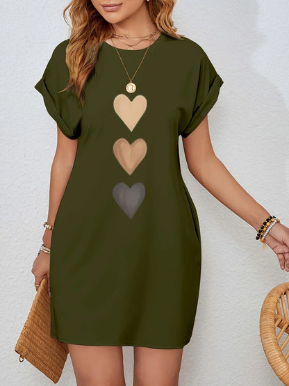 Women'S Casual Knit TShirt Dress with Heart  Print Crew Neck Short Sleeve Fashionable Top Black with Colorful Flag Design