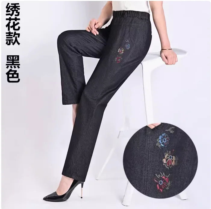 Middle-aged Women's Jeans Spring Summer Stretch Waist Straight Denim Pants Large Size Loose Casual Black Blue Denim Trousers 5XL