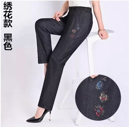 Middle-aged Women's Jeans Spring Summer Stretch Waist Straight Denim Pants Large Size Loose Casual Black Blue Denim Trousers 5XL