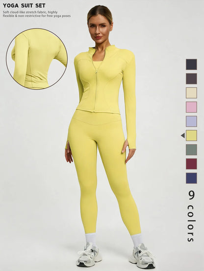 Fitfemme 2Pcs Women's Spring Yoga Sport Suit High Waist Legging Jacket Lifting Running Pants Outdoor Set