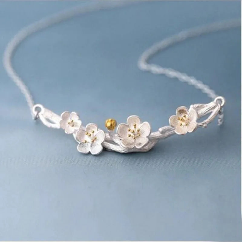 Silver Necklaces Plum Flower Pendants&Necklaces Jewelry Collar Colar de Plata