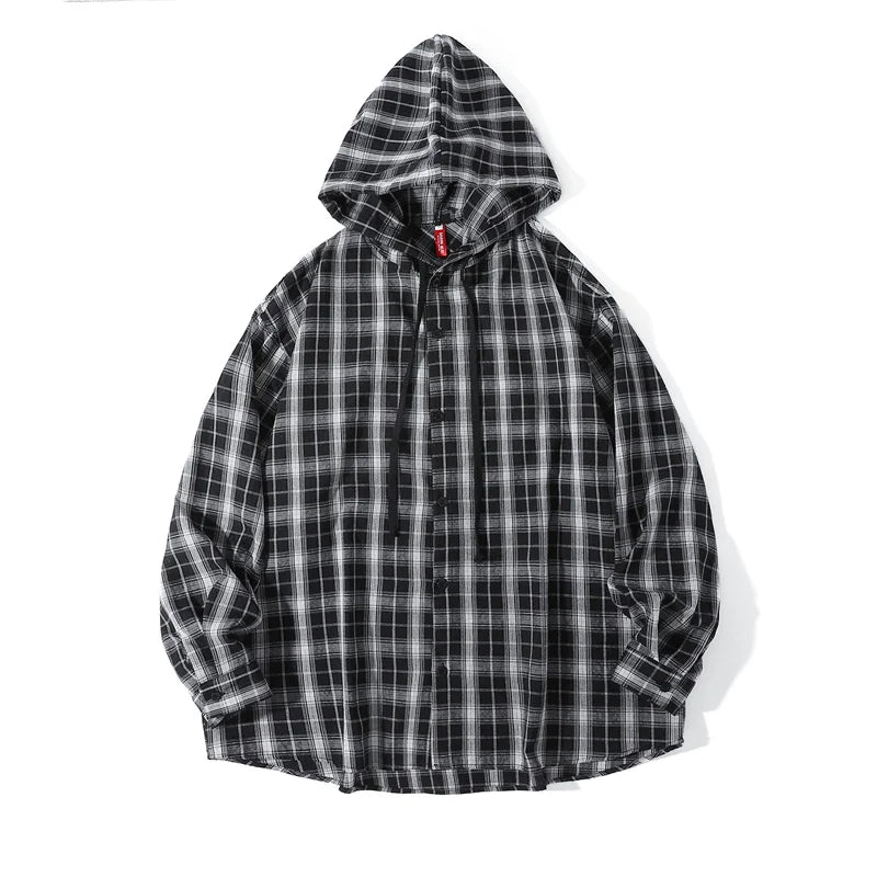 Unisex Oversized Hooded Flannel Style Plaid Mens Shirt Jacket Long Sleeve Button Down Casual Lightweight Jacket for Spring Fall
