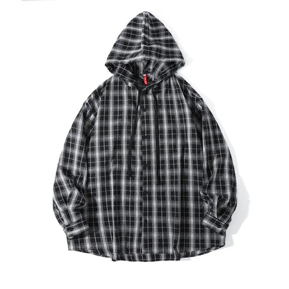 Unisex Oversized Hooded Flannel Style Plaid Mens Shirt Jacket Long Sleeve Button Down Casual Lightweight Jacket for Spring Fall