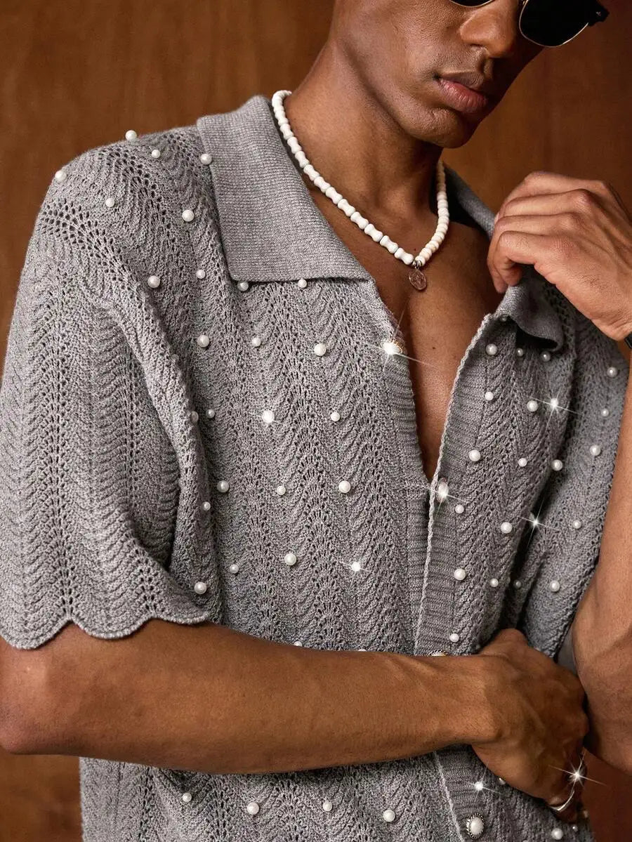 Mens Black Knitted Pearl Decor Casual Shirt Short Sleeve Button Up Summer Party Wear