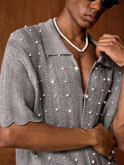 Mens Black Knitted Pearl Decor Casual Shirt Short Sleeve Button Up Summer Party Wear