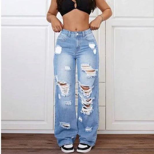 Womens Pants Womens Jeans Trendy Light Blue Distressed Baggy Relaxed Fit Wide Leg Denim