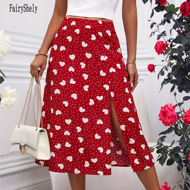 Fairyshely Casual Red Heart Print Long Skirt For Women 2026 Summer Split High Waist Midi Skirt Lady Elegant A line Loose Skirt