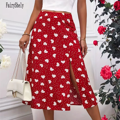 Fairyshely Casual Red Heart Print Long Skirt For Women 2026 Summer Split High Waist Midi Skirt Lady Elegant A line Loose Skirt