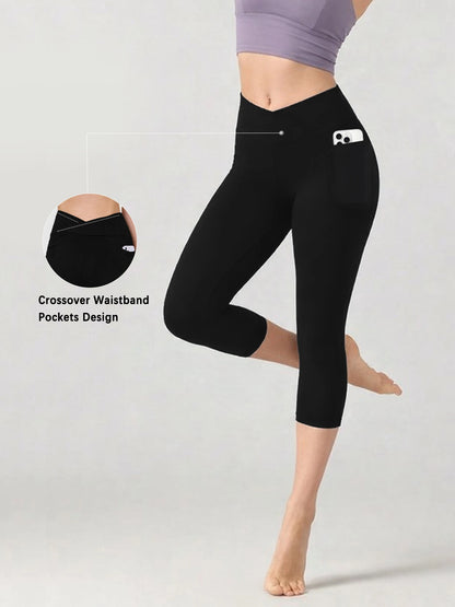 Women's Super Soft Crossover High Waisted Capri Pants With Pockets Tummy Control No See Through Workout Yoga Running Leggings