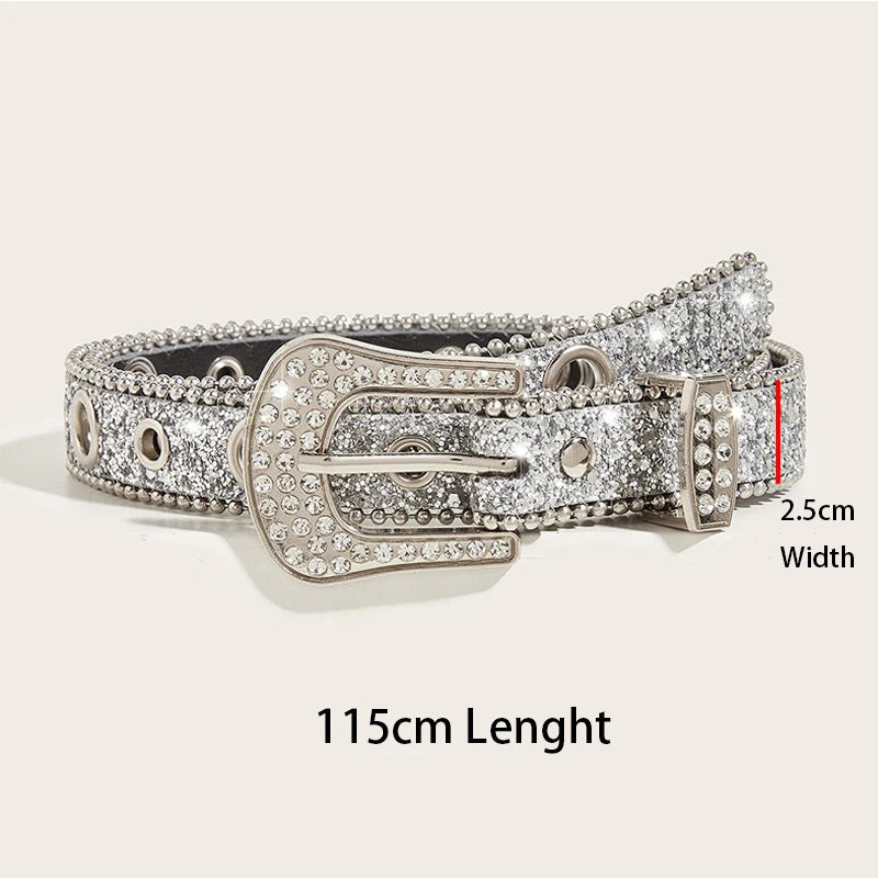 Gothic Black Silver Metal Buckle Rhinestone Belt Luxury Desiner Four Seasons Y2K Womens Jeans Belt Plus Size Men's Waistband