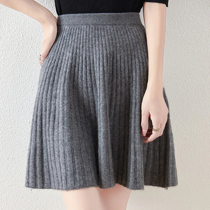Women's Wave Short Skirt 100% Merino Wool Mini Skirts Autumn Winter Sweater Umbrella Skirt High Waist Stretch Sweet Knit Dresses