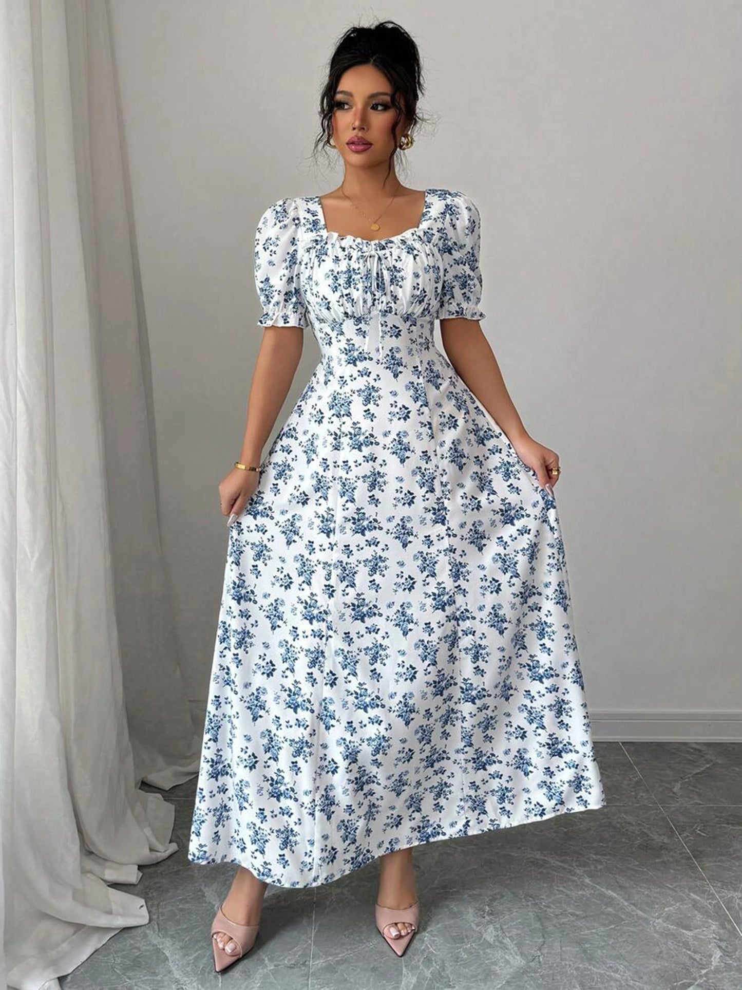 Women's Summer Elegant Casual Puff Sleeve Square Neck White & Blue Floral Print Maxi Dress Luxury Designer dresses