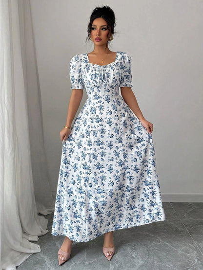 Women's Summer Elegant Casual Puff Sleeve Square Neck White & Blue Floral Print Maxi Dress Luxury Designer dresses