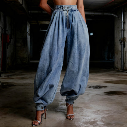 Women Harem Denim Pants Causal High Waist Wide Leg Baggy Solid Color Trousers with Pockets
