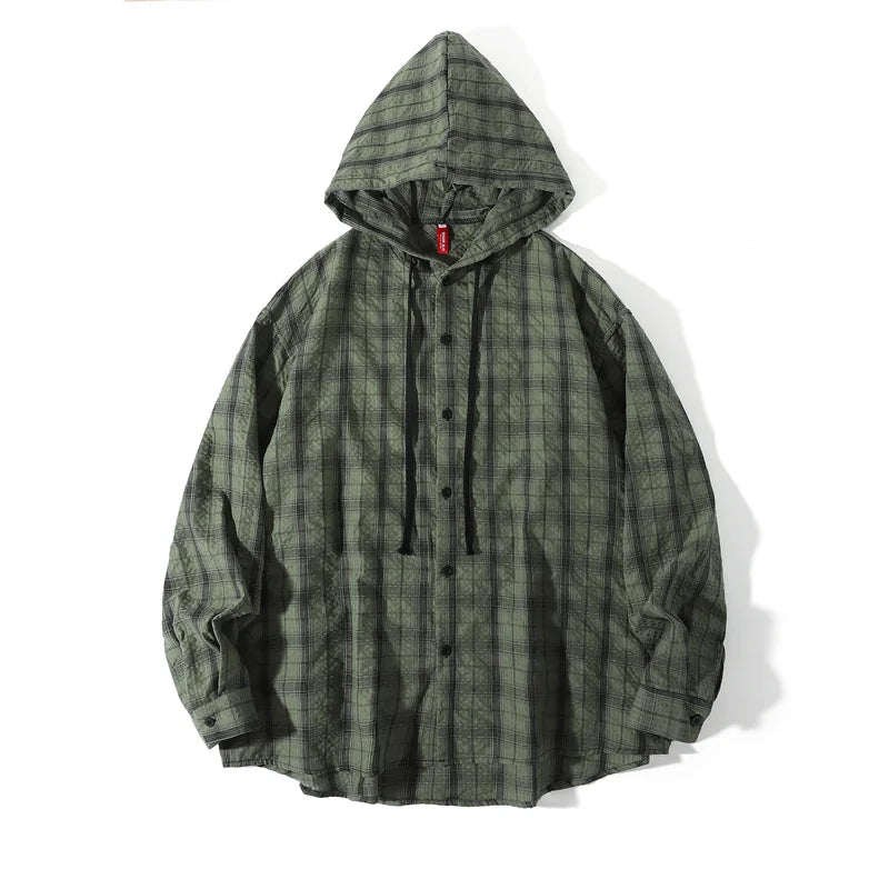 Unisex Oversized Hooded Flannel Style Plaid Mens Shirt Jacket Long Sleeve Button Down Casual Lightweight Jacket for Spring Fall