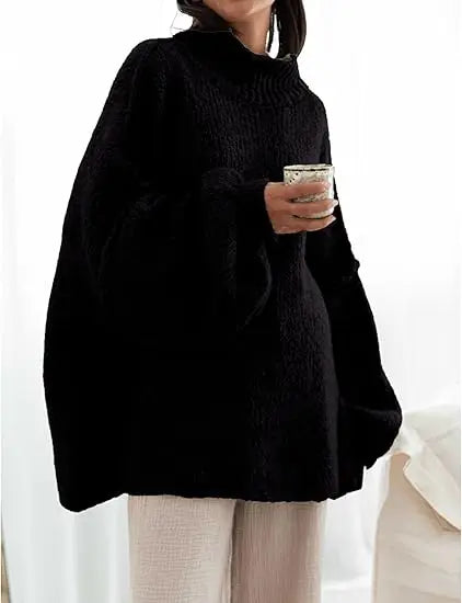 Women's Oversized Pullover Sweaters  Fall Winter Mock Neck Lantern Sleeve Crochet Casual Knitted Jumper Tops Solid Color Loose Blouse