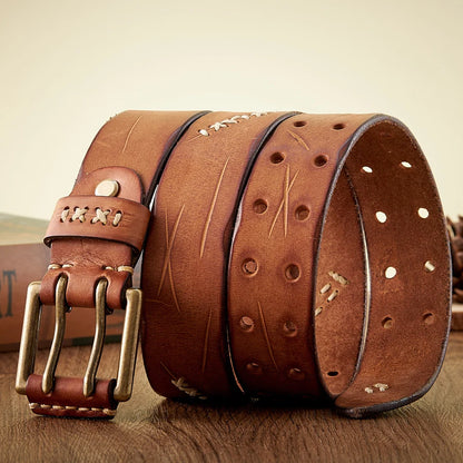 3.8CM Real Genuine Leather Belt Luxury Designer Brass Double Pin Buckle Belts Pure Cowskin Vintage Strap Male Jeans Belt for Men
