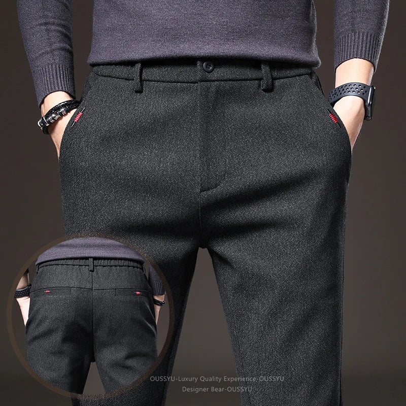 Good Quality Autumn Casual Pants Men Business Slim Elastic Waist Stretch Work Brushed Fabric Blue Trousers Male Brand Clothes